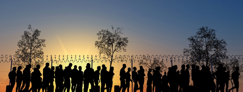 Refugees and immigrants looking for a new life. Column of migrants near the state borders. Fence and barbed wire. Surveillance, supervised. Abandon their lands for a better future. 3d render. Silhouette