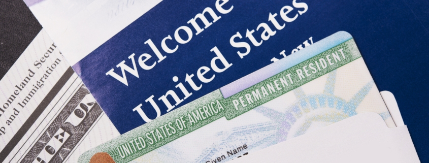 Welcome to the USA. Immigration Welcome Letter and Green Card Closeup. United States Homeland Security.